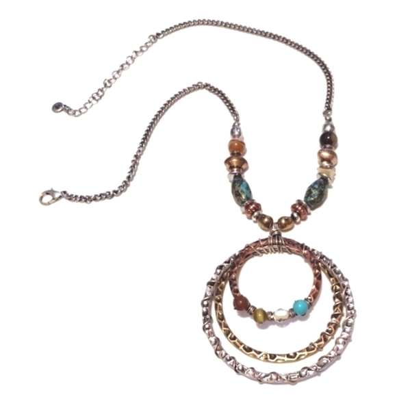 ROXY AND LOLA SILVER-TONE BEADED 3-TONE ROUND METAL PENDANT 17-20" NECKLACE - Picture 2 of 8